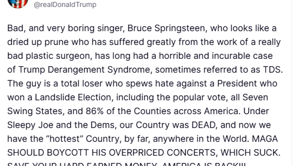 Mensaje de Donald Trump contra Bruce Sprinsgteen Mensaje de Donald Trump contra Bruce Sprinsgteen