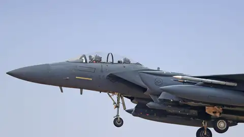 Un avión McDonnell Douglas F-15 Eagle de la Fuerza Aérea de los Estados Unidos en Albacete, el 24 de septiembre de 2024. Un avión McDonnell Douglas F-15 Eagle de la Fuerza Aérea de los Estados Unidos en Albacete, el 24 de septiembre de 2024.