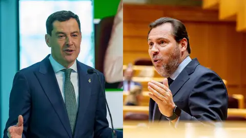 Montaje Juanma Moreno (i), presidente de la Junta de Andalucía, y Óscar Puente, ministro de Transportes (d). Montaje Juanma Moreno (i), presidente de la Junta de Andalucía, y Óscar Puente, ministro de Transportes (d).