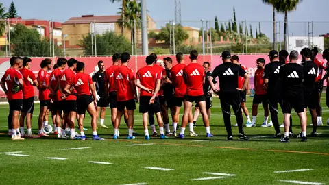 Luis García Plaza habla con sus jugadores en la Ciudad Deportiva del Sevilla FC. Luis García Plaza habla con sus jugadores en la Ciudad Deportiva del Sevilla FC.