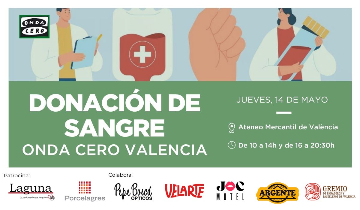 Onda Cero Valencia y el Centro de Transfusiones de la CV organizan una jornada de donación de sangre en Valencia el 14 de mayo Onda Cero Valencia y el Centro de Transfusiones de la CV organizan una jornada de donación de sangre en Valencia el 14 de mayo
