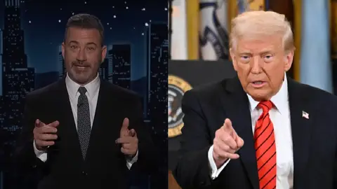 Fotografía de archivo con un montaje de Jimmy Kimmel y Donald Trump. Fotografía de archivo con un montaje de Jimmy Kimmel y Donald Trump.