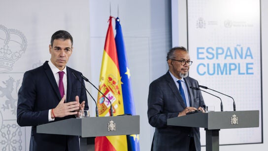 Pedro S&aacute;nchez en su comparecencia junto a Tedros Adhanom.