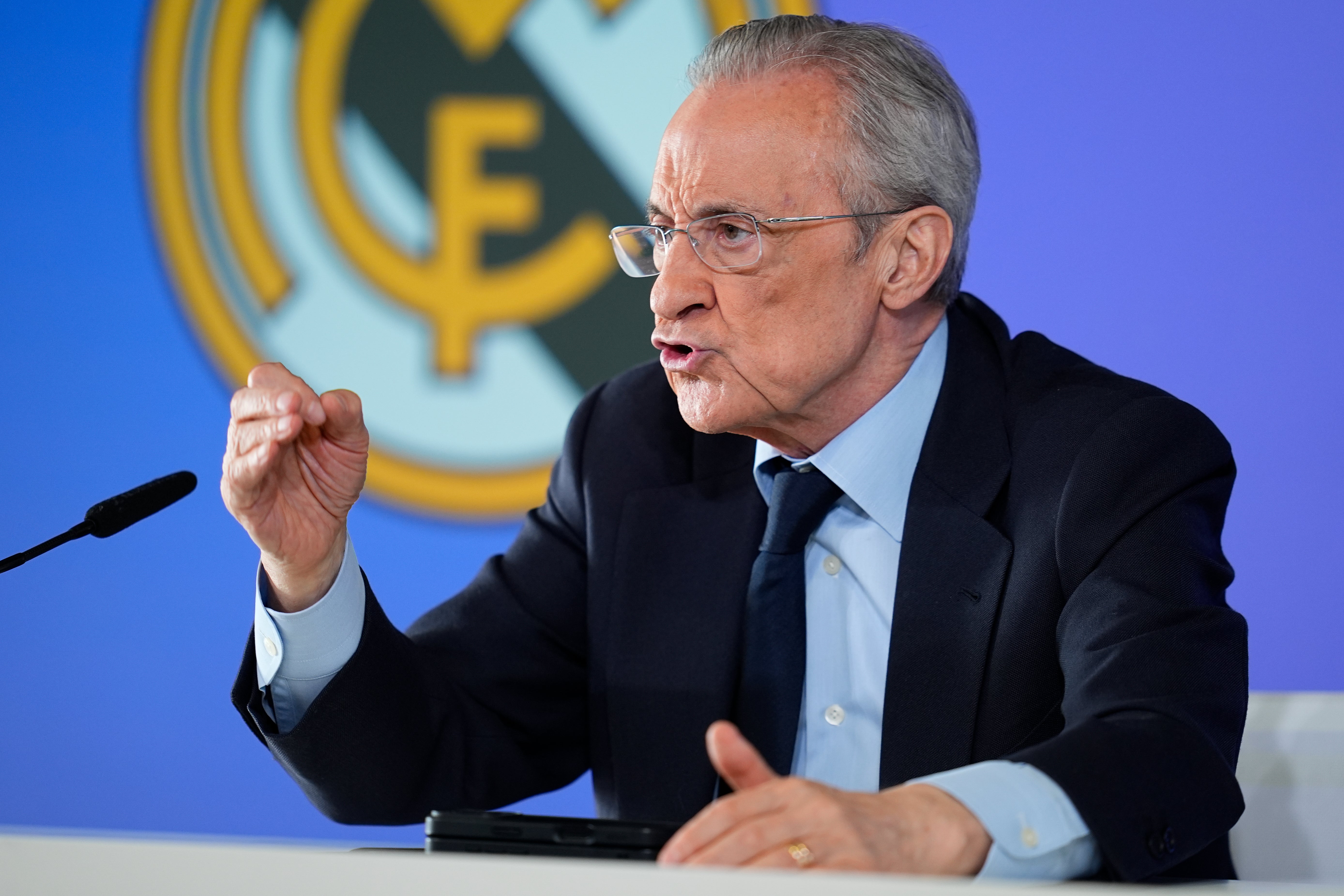 Florentino Pérez durante la rueda de prensa de ayer 12 de mayo de 2026. Florentino Pérez durante la rueda de prensa de ayer 12 de mayo de 2026.