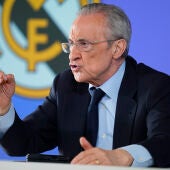 Florentino Pérez durante la rueda de prensa de ayer 12 de mayo de 2026.