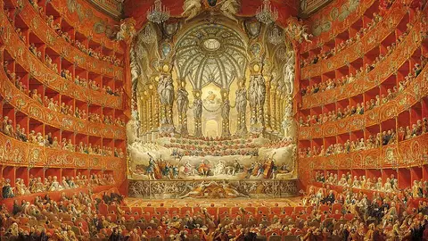 "Festín musical dado por el cardenal de La Rochefoucauld en el Teatro Argentina de Roma en 1747 "Giovanni Paolo Panini, Museo del Louvre "Festín musical dado por el cardenal de La Rochefoucauld en el Teatro Argentina de Roma en 1747 "Giovanni Paolo Panini, Museo del Louvre