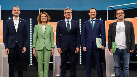 Los candidatos de los cinco partidos con representaci&oacute;n parlamentaria -PP, PSOE, Vox, Por Andaluc&iacute;a y Adelante Andaluc&iacute;a