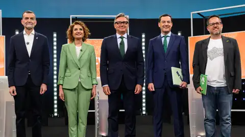 Los candidatos de los cinco partidos con representación parlamentaria -PP, PSOE, Vox, Por Andalucía y Adelante Andalucía Los candidatos de los cinco partidos con representación parlamentaria -PP, PSOE, Vox, Por Andalucía y Adelante Andalucía