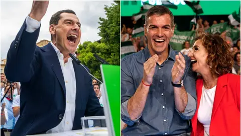 Juanma Moreno; Pedro Sánchez y Montero en sus mítines de cierre de campaña en Andalucía. Juanma Moreno; Pedro Sánchez y Montero en sus mítines de cierre de campaña en Andalucía.