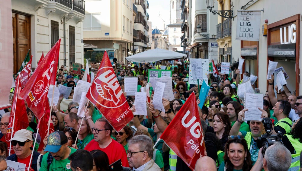 Profesores valencianos se han concentrado en las inmediaciones de Les Corts. 