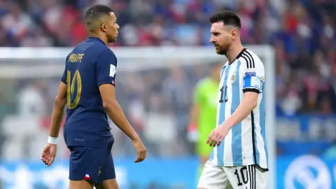 Argentina's Lionel Messi (L) and France's Kylian Mbappe walk past each other during the FIFA World Cup Qatar 2022 final soccer match between Argentina and France at the Lusail Stadium. Argentina's Lionel Messi (L) and France's Kylian Mbappe walk past each other during the FIFA World Cup Qatar 2022 final soccer match between Argentina and France at the Lusail Stadium.