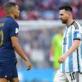 Argentina's Lionel Messi (L) and France's Kylian Mbappe walk past each other during the FIFA World Cup Qatar 2022 final soccer match between Argentina and France at the Lusail Stadium. Argentina's Lionel Messi (L) and France's Kylian Mbappe walk past each other during the FIFA World Cup Qatar 2022 final soccer match between Argentina and France at the Lusail Stadium.