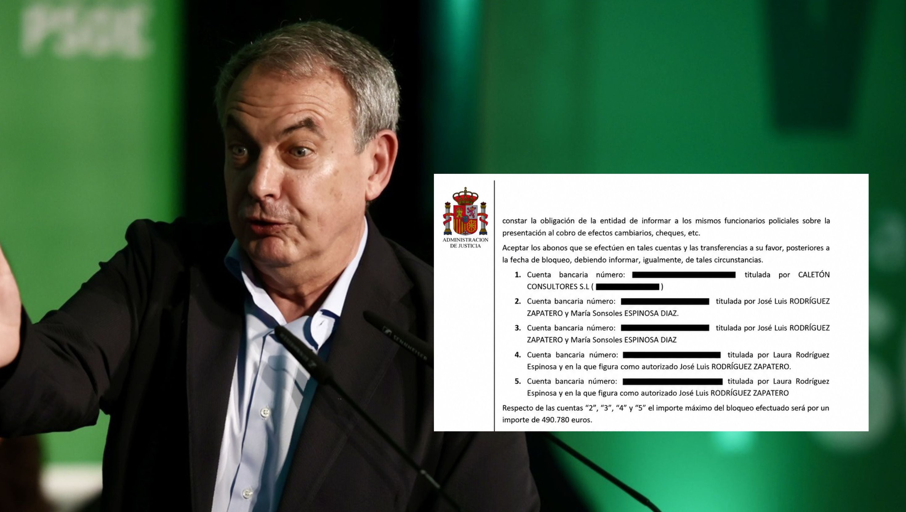El juez ordenó el bloqueo de hasta 490.000 euros de dos cuentas compartidas por Zapatero y su mujer y otras dos de una de sus hijas El juez ordenó el bloqueo de hasta 490.000 euros de dos cuentas compartidas por Zapatero y su mujer y otras dos de una de sus hijas