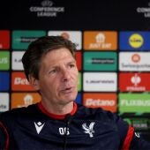 Oliver Glasner attends a press conference at Crystal Palace Training Ground, ahead of the UEFA Europa Conference League semifinal 2nd leg soccer match against FC Shakhtar Donetsk