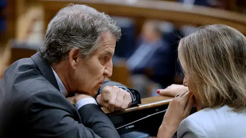 Imagen de archivo del líder del PP, Alberto Núñez-Feijóo (i), conversando con la diputada Cuca Gamarra (d) Imagen de archivo del líder del PP, Alberto Núñez-Feijóo (i), conversando con la diputada Cuca Gamarra (d)/ EFE/Mariscal
