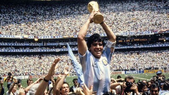 Diego Armando Maradona celebra el Mundial de Mexico 86