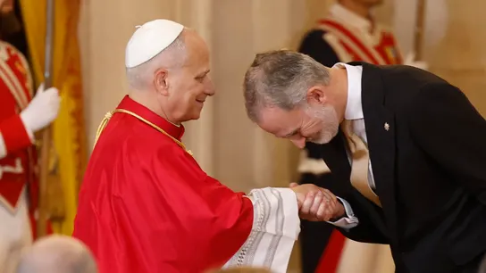 El rey saluda al papa León XIV tras su discurso en el Palacio Real El rey saluda al papa León XIV tras su discurso en el Palacio Real