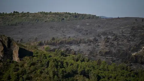 Imagen de la zona afectada por el fuego en Soneja (Castellón), que ha arrasado 183 hectáreas. Imagen de la zona afectada por el fuego en Soneja (Castellón), que ha arrasado 183 hectáreas.