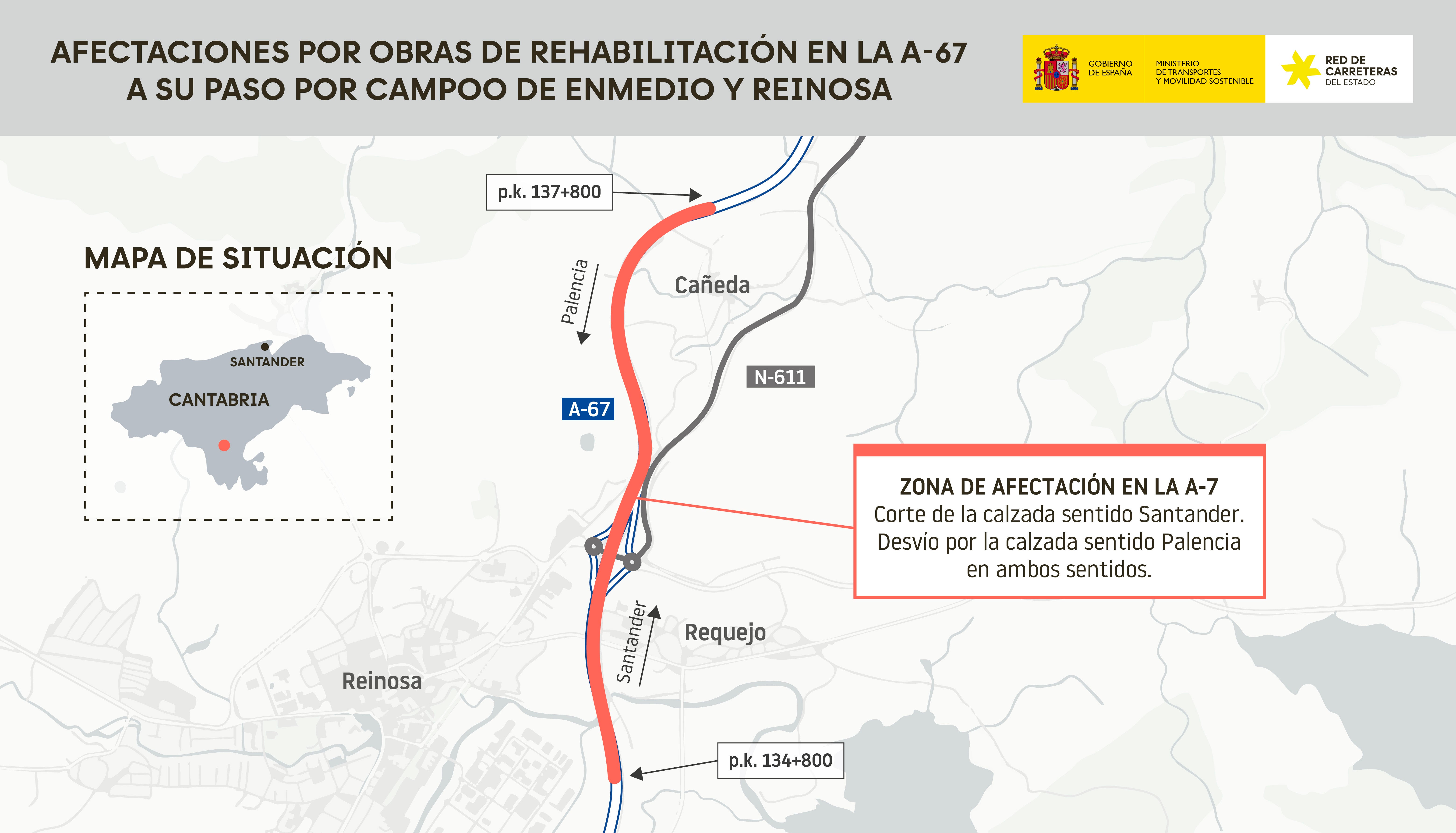 La calzada derecha de la A-67 en sentido Santander se corta al tráfico hasta final de mes en la zona de Reinosa La calzada derecha de la A-67 en sentido Santander se corta al tráfico hasta final de mes en la zona de Reinosa
