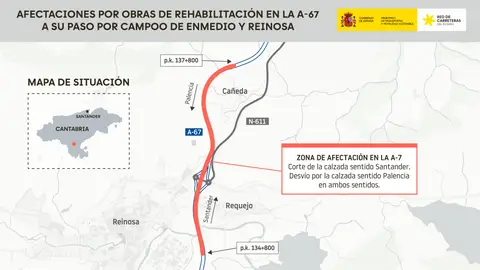 La calzada derecha de la A-67 en sentido Santander se corta al tráfico hasta final de mes en la zona de Reinosa La calzada derecha de la A-67 en sentido Santander se corta al tráfico hasta final de mes en la zona de Reinosa