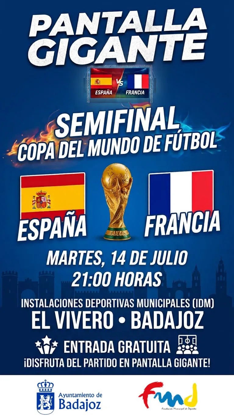 Badajoz abrirá este martes las puertas de El Vivero para ver "en pantalla gigante" la semifinal entre España y Francia Badajoz abrirá este martes las puertas de El Vivero para ver "en pantalla gigante" la semifinal entre España y Francia
