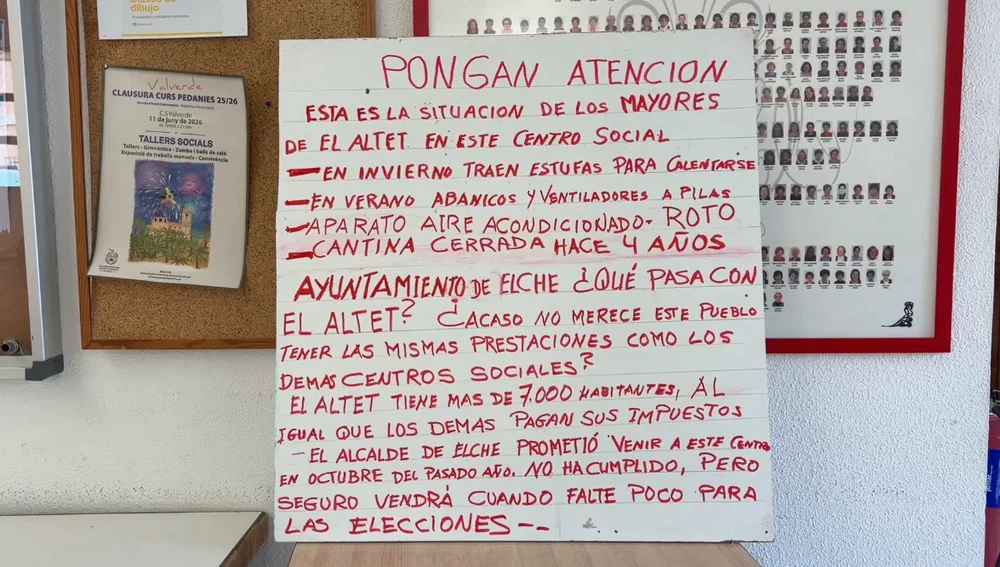 Cartel que denuncia la falta de climatización y otras problemáticas en el centro social de El Altet. Cartel que denuncia la falta de climatización y otras problemáticas en el centro social de El Altet.