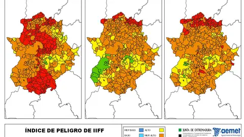 La mayoría del territorio extremeño se situará hoy en riesgo muy alto y extremo por incendios forestales La mayoría del territorio extremeño se situará hoy en riesgo muy alto y extremo por incendios forestales