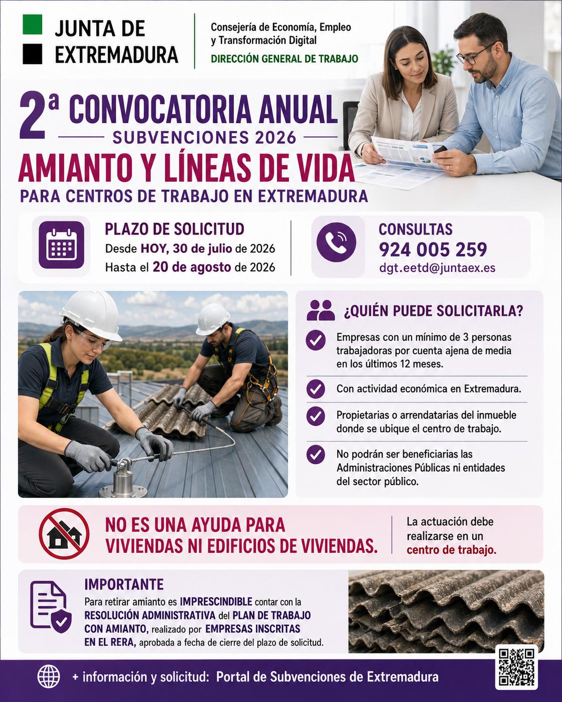 La Junta destina 200.000 euros a ayudas para que las empresas retiren amianto e instalen sistemas de protección frente a caídas La Junta destina 200.000 euros a ayudas para que las empresas retiren amianto e instalen sistemas de protección frente a caídas