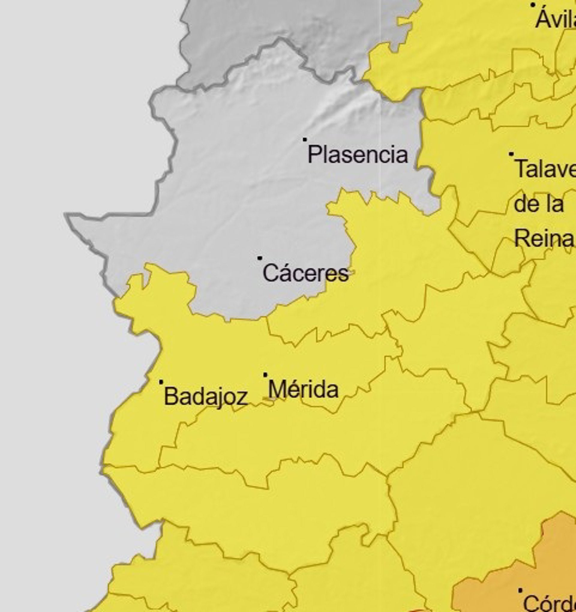 Toda Extremadura bajo alerta amarilla por altas temperaturas este viernes, salvo la meseta cacereña y los Valles de Tajo y Alagón Toda Extremadura bajo alerta amarilla por altas temperaturas este viernes, salvo la meseta cacereña y los Valles de Tajo y Alagón