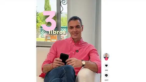 El nuevo vídeo de Sánchez en TikTok para recomendar tres libros este verano: "Merecen la pena" El nuevo vídeo de Sánchez en TikTok para recomendar tres libros este verano: "Merecen la pena"/ TikTok Pedro Sánchez