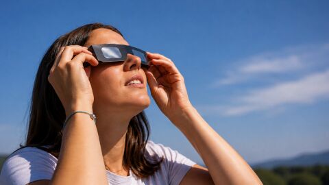 Una dona es posa les ulleres homologades per poder veure l'eclipsi de sol d'aquest 12 d'agost Una dona es posa les ulleres homologades per poder veure l'eclipsi de sol d'aquest 12 d'agost