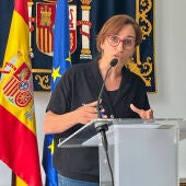La ministra de Sanidad, Mónica García durante la rueda de prensa tras su encuentro con el presidente de la Ciudad Autónoma de Ceuta, Juan Jesús Vivas (no en la imagen) en el Palacio autonómico para tratar la crisis sanitaria y migratoria que padece la ciudad. 