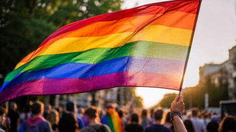 La bandera LGTBI en una manifestació de l'Orgull La bandera LGTBI en una manifestació de l'Orgull