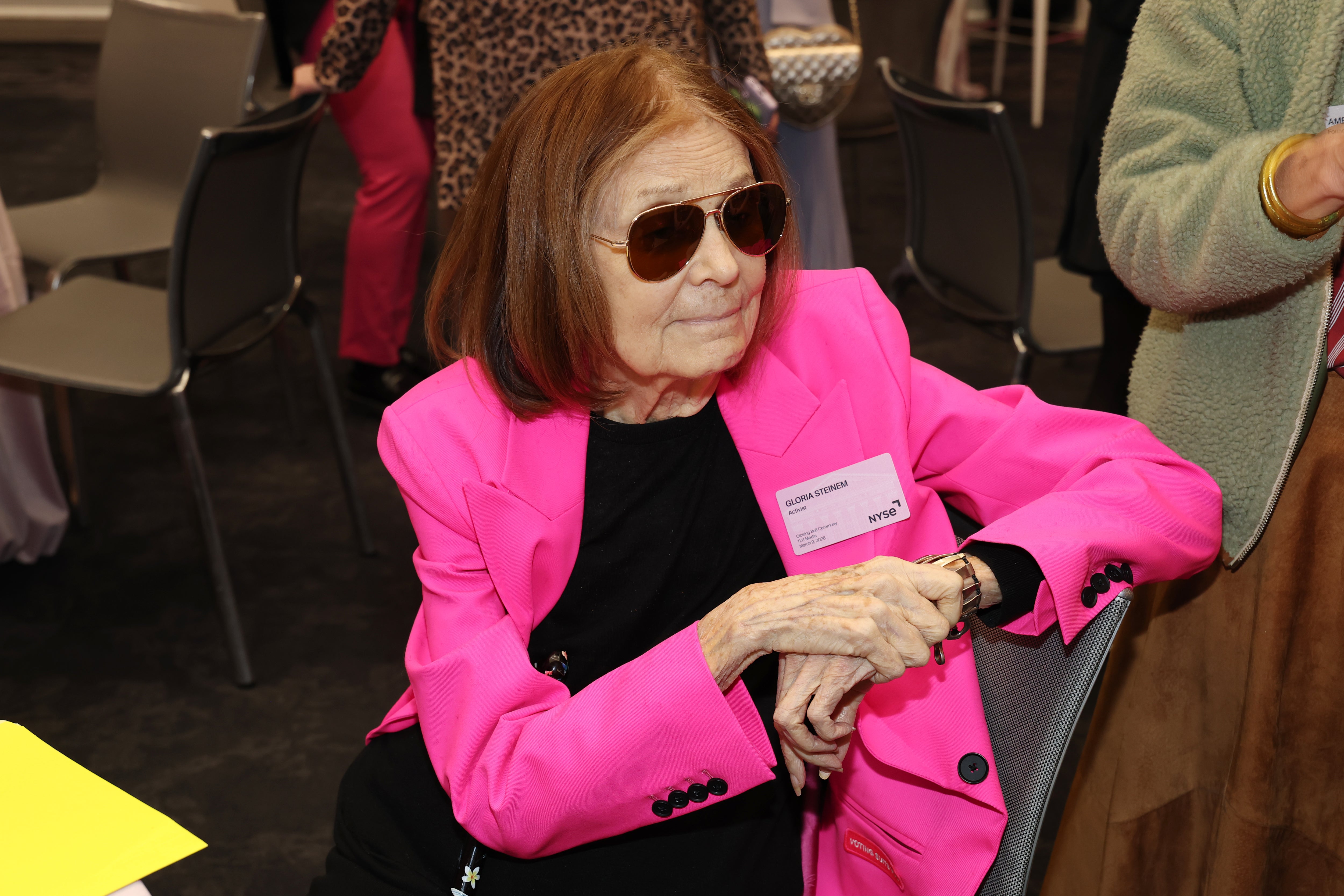 Gloria Steinem poses as she celebrates International Women's Day at NYSE at New York Stock Exchange on March 09, 2026 in New York City. Gloria Steinem poses as she celebrates International Women's Day at NYSE at New York Stock Exchange on March 09, 2026 in New York City.