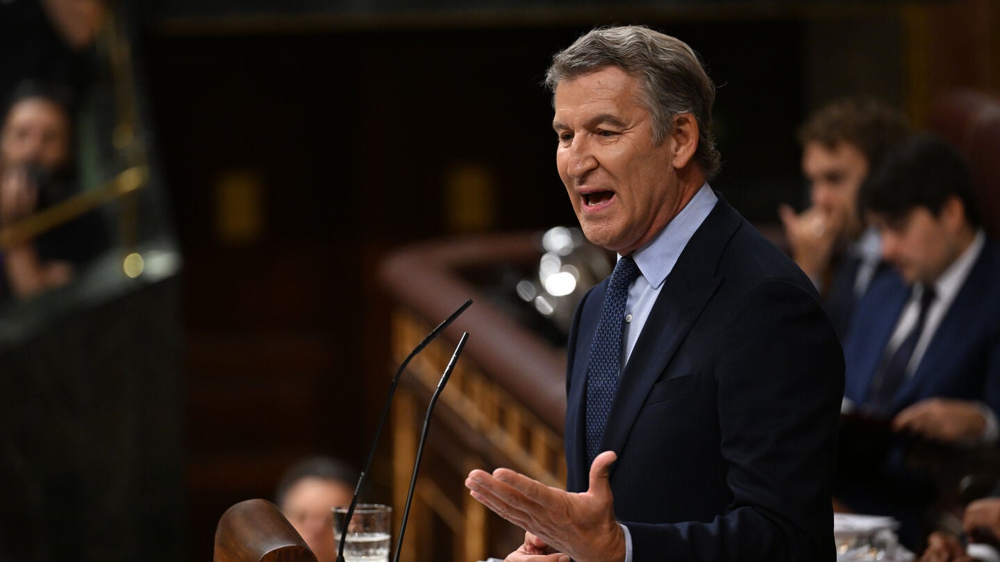 People's Party (PP) leader Alberto Nunez Feijoo delivers a speech during a session at the Spanish Parliament in Madrid, Spain on September 03, 2026