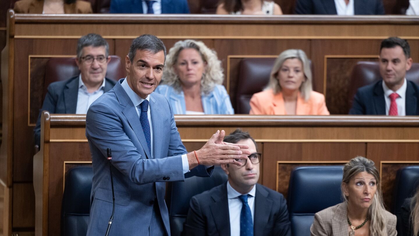 El presidente del Gobierno, Pedro S&aacute;nchez, interviene durante una sesi&oacute;n de control al Gobierno, en el Congreso de los Diputados.