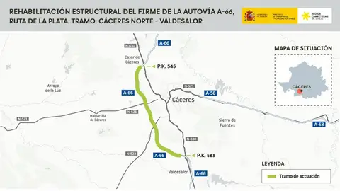 Licitada por 11,3 millones la rehabilitación del firme en 18 kilómetros de la A-66 entre Cáceres Norte y Valdesalor Licitada por 11,3 millones la rehabilitación del firme en 18 kilómetros de la A-66 entre Cáceres Norte y Valdesalor