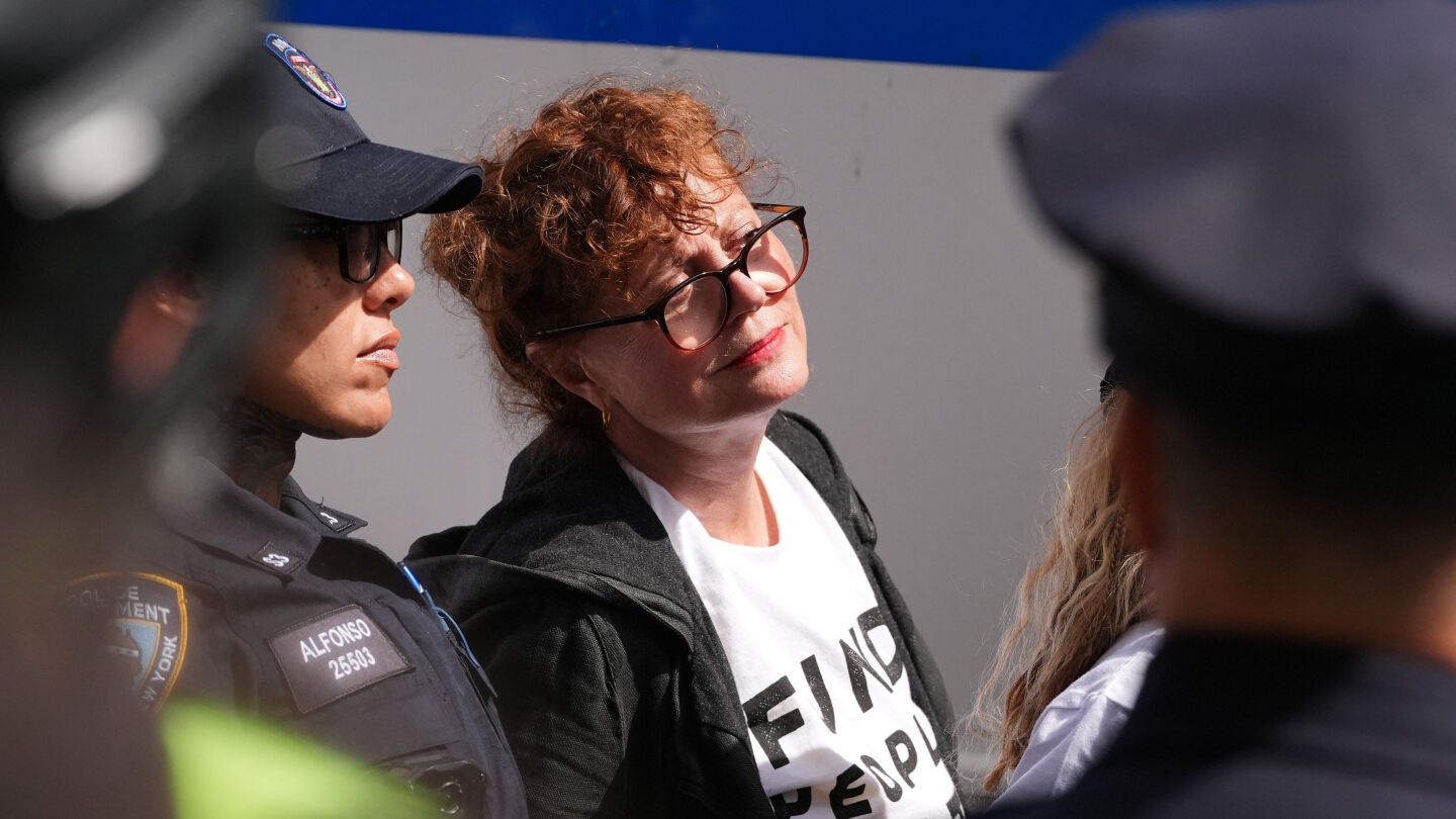 La actriz Susan Sarandon durante la protesta propalestina y contra Netanyahu en Nueva York