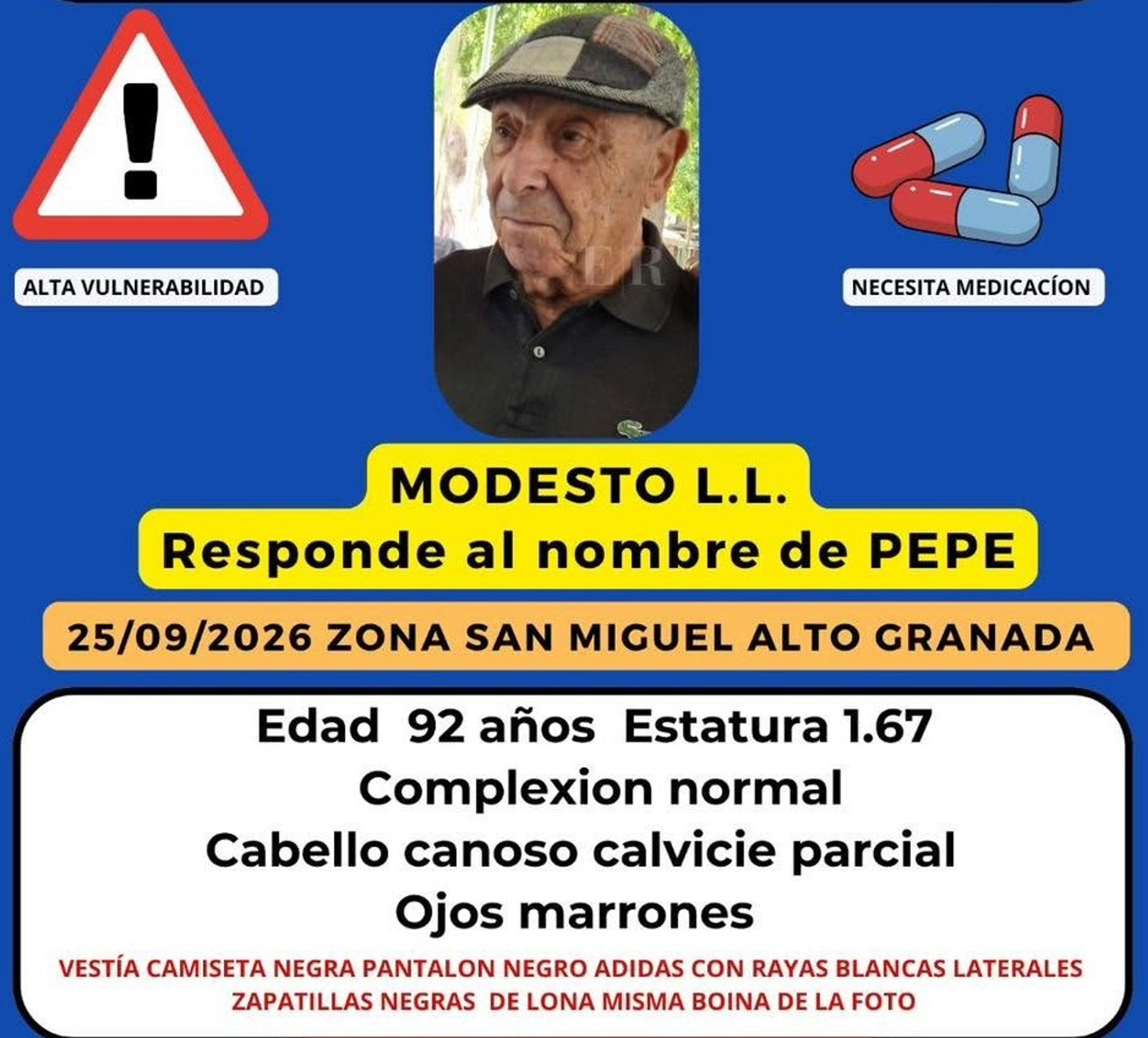 Continúa la búsqueda de Modesto, un hombre de 92 años desaparecido desde el viernes en el entorno de San Miguel Alto Continúa la búsqueda de Modesto, un hombre de 92 años desaparecido desde el viernes en el entorno de San Miguel Alto