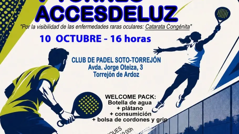 La Asociación de Catarata Congénita de España organiza este sábado la V edición del torneo de pádel solidario ACCESDELUZ Cartel del V torneo solidario de pádel ACCESDELUZ