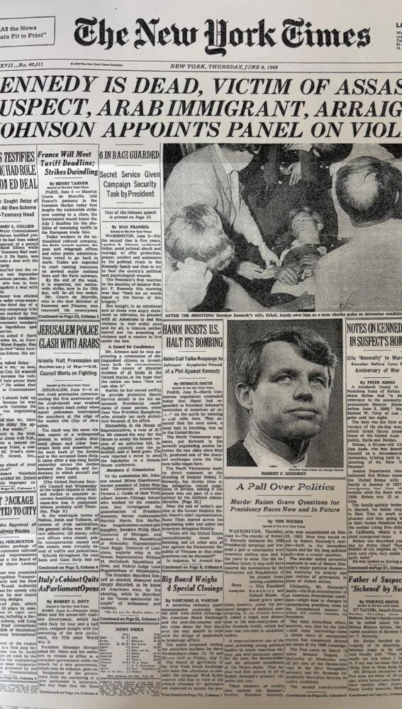 Edición del New York Times tras el asesinato de Robert Kennedy