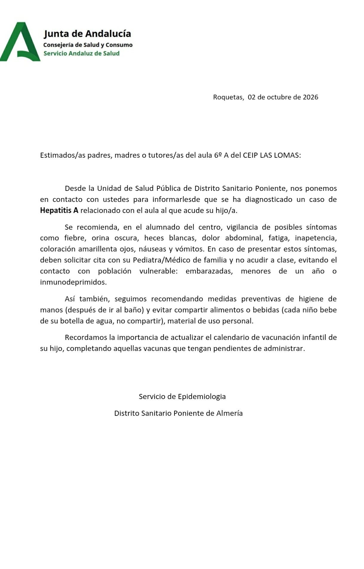 Detectan un caso de Hepatitis A en el CEIP Las Lomas de Roquetas de Mar Detectan un caso de Hepatitis A en el CEIP Las Lomas de Roquetas de Mar