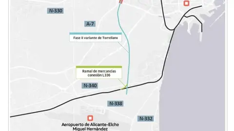 En trazado negro las vías actuales y en azul el nuevo trazado que parte de la estación de Alicante En trazado negro las vías actuales y en azul el nuevo trazado que parte de la estación de Alicante
