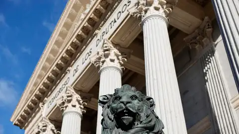 Vista de uno de los leones de bronce que franquean la entrada del Congreso del los Diputados en una imagen de archivo. Vista de uno de los leones de bronce que franquean la entrada del Congreso del los Diputados en una imagen de archivo.