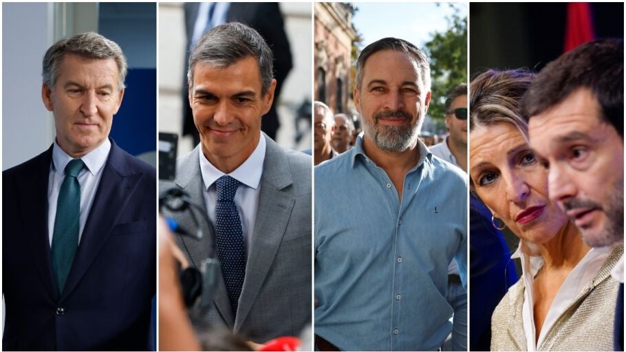 Alberto N&uacute;&ntilde;ez Feij&oacute;o, Pedro S&aacute;nchez, Santiago Abascal, Yolanda D&iacute;az y Pablo Bustinduy