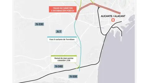 Plano ‘variante de Torrellano’ que llevará el tren al aeropuerto Alicante-Elche. Plano ‘variante de Torrellano’ que llevará el tren al aeropuerto Alicante-Elche.