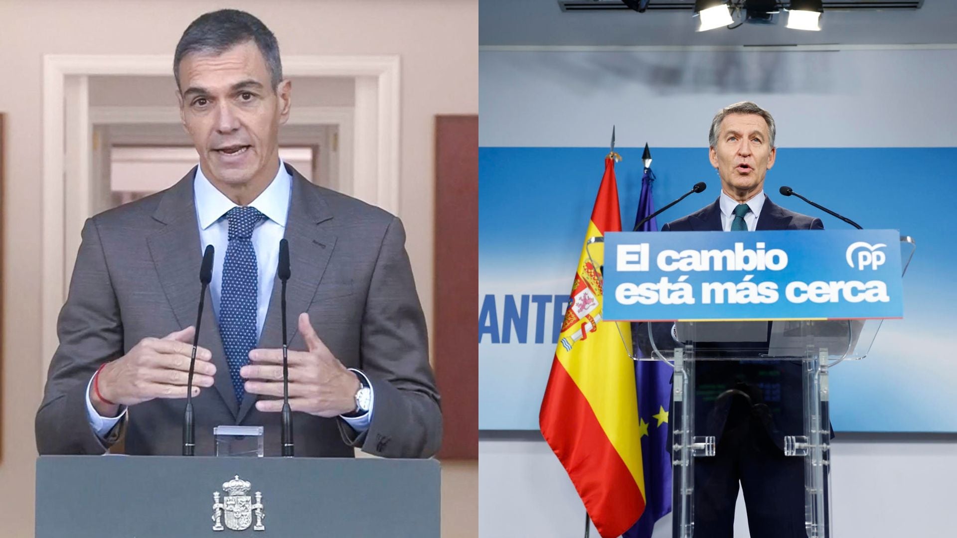 Pedro Sánchez y Alberto Núñez-Feijóo, en sus discursos de este lunes Pedro Sánchez y Alberto Núñez-Feijóo, en sus discursos de este lunes