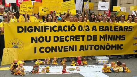 Decenas de trabajadoras del ciclo 0-3 años concentradas ante el Parlament con carteles, camisetas amarillas y muñecos infantiles. Decenas de trabajadoras del ciclo 0-3 años concentradas ante el Parlament con carteles, camisetas amarillas y muñecos infantiles.