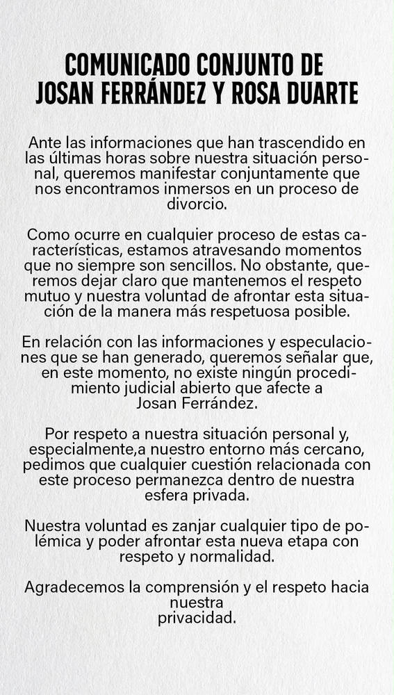 Comunicado de Josan y su mujer. Comunicado de Josan y su mujer.