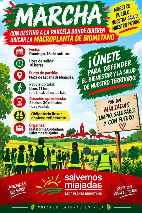 La Plataforma Salvemos Miajadas celebrará el 18 de octubre una marcha hasta los terrenos de la planta de biometano La Plataforma Salvemos Miajadas celebrará el 18 de octubre una marcha hasta los terrenos de la planta de biometano